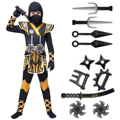 Afbeelding van Spooktacular Creations Gouden ninja kostuum voor kinderen, themafeest, Halloween (3T (3 4 jaar))