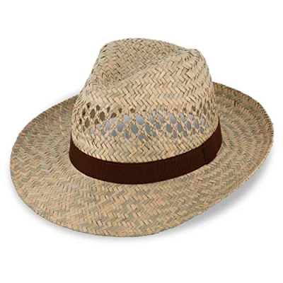 Afbeelding van fiebig Fedora strohoed met ribband, bruin, zonnehoed voor dames en heren, van 100% stro, made in Italy, zomerhoed vele maten, natuurlijke kleur, Natuurlijk.