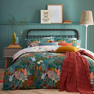 Afbeelding van Furn Home + Style Forage Duvet Cover Set 2 persoons dekbedovertrekset groen met tropische vlinder print 200 x cm inclusief kussenslopen