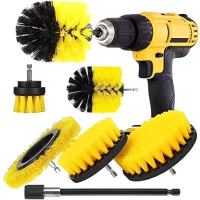 Afbeelding van YIHATA Reinigingsborstel, boormachine, 4 delig, borstel voor auto, tegels, tapijt, badkuip, keuken, toilet, geel