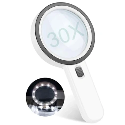 Afbeelding van Vergrootglas met licht, 30 x leesvergrootglas verlichting, groot glazen handvergrootglas, magnifying glas, voor ouderen, kinderen, juweliers en vrije tijd