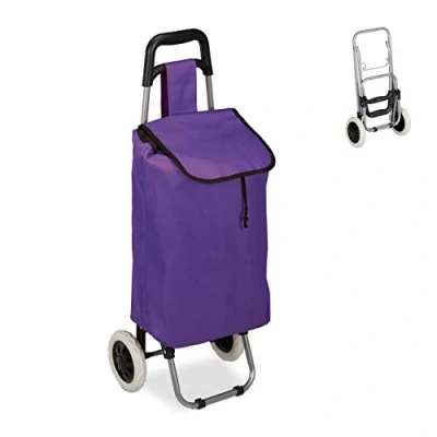 Afbeelding van Relaxdays boodschappentrolley 25 l boodschappenkar boodschappenwagen met 2 wielen Paars