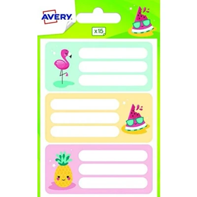 Afbeelding van AVERY Zak met 15 etiketten voor schoolmateriaal, tropisch design: flamingo, watermeloen en ananas, 76 x 34 mm, meerkleurig