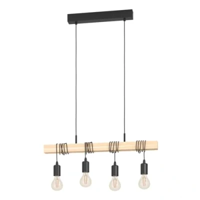 Image de EGLO Suspension en bois vintage TOWNSHEND, lampe de salle à manger rétro, luminaire rétro et industriel 3 lampes, douille E27, lustre acier Ø 31 cm, certifié FSC