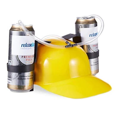 Afbeelding van Relaxdays drinkhelm voor 2 blikjes helm bierhelm met slang zuiphelm voetbal geel