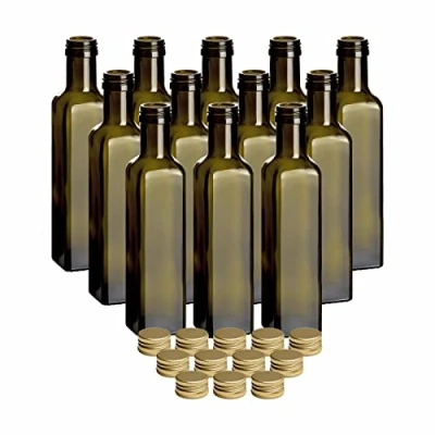 Afbeelding van gouveo Maraska Set van 12 glazen flessen 250 ml met goudkleurige schroefsluiting, 0,25 l lege fles om te vullen, voor likeuren, cognac, azijn, olie