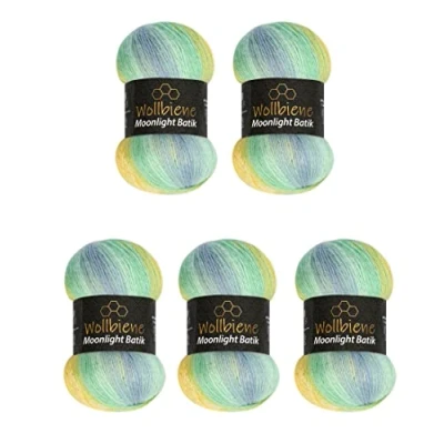 Afbeelding van Wollbiene Moonlight Glitter Batik Simli Breiwol, 5 x 100 g, 500 20% wol metallic, kleurverloop, glitterwol (3070 geel, turquoise, blauw)