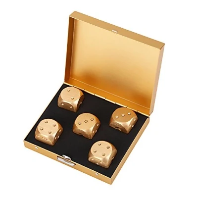Afbeelding van Pie de yams dobbelstenen om te spelen, 5 stuks meerdere punten D6 van hout, aluminiumlegering, tafelspel, pokerspellen, dobbelstenen, set met opbergdoos (Square Golden)
