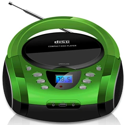 Afbeelding van Draagbare boombox CD/CD R USB FM radio AUX ingang hoofdtelefoonaansluiting CD speler kinderradio stereo installatie compact systeem (Golo Green)