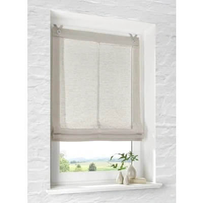 Afbeelding van Brondy Vouwgordijn met ogen, naturel, taupe, halftransparant, linnenlook, ophanghaken, zonder boren, breedte 100 cm x hoogte 140