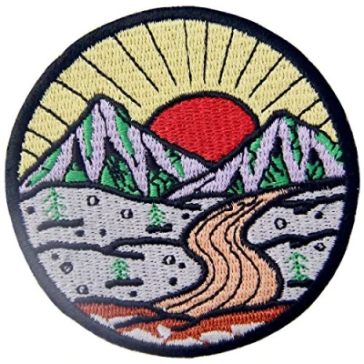 Afbeelding van ZEGIN Geborduurde patch in de vorm van een zonsopgang vanaf bergen, buiten verkennen, naaien of lijmen met strijkijzer
