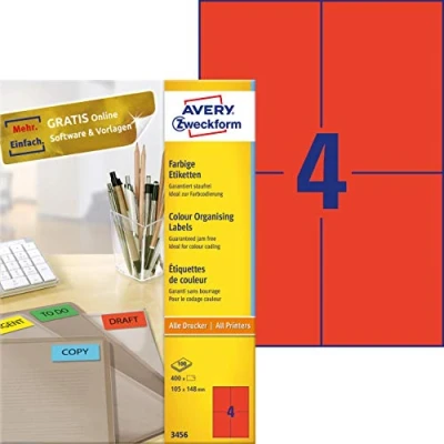 Afbeelding van Etiket Avery Zweckform 3456 105x148mm A6 rood 400stuks