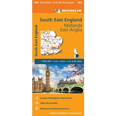 Afbeelding van Michelin 504 Zuidoost Engeland Midlands East Anglia Wegenkaart Kleurloos Reisboeken &amp; Kaarten