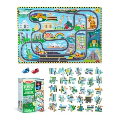 Afbeelding van Kartonnen racebaan legpuzzel ‘Race rond de wereld’ van Melissa &amp; Doug met opwindautootjes 48 stukjes, voor jongens en meisjes vanaf 3 jaar