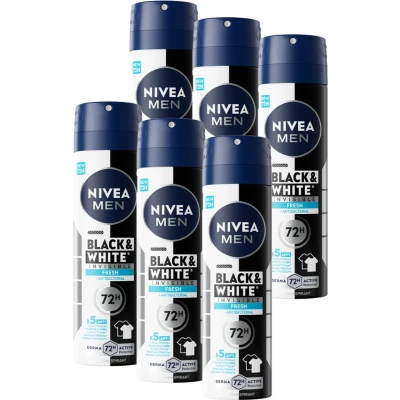 Afbeelding van NIVEA MEN Invisible for Black &amp; White Fresh Anti Transpirant Spray Tegen witte en gele vlekken 48 uur bescherming Frisse geur Alcoholvrij 6 x 150 ml