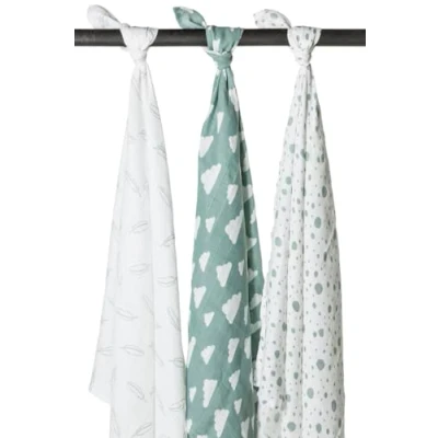 Afbeelding van Meyco Baby Clouds/Dots/Feathers swaddle 3 pack hydrofiel stone green 120x120cm