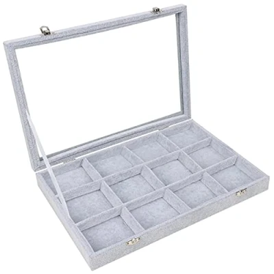 Afbeelding van Belle Vous Grijs Velours Sieraden Organizer Display Doos Tray, 12 Secties &amp; Glazen Deksel Stapelbare Tray voor Lades Aanpasbare Opslag Raster Ringen, Ketting, Armbanden, Oorbellen en Horloges