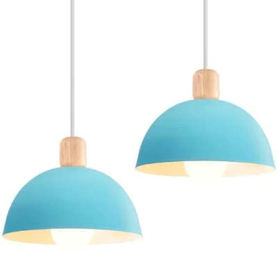 Afbeelding van iDEGU 2 Retro hanglampen, modern, halfrond, plafondlamp, E27, hout, metaal, hanglamp, voor slaapkamer, eetkamer of keuken, diameter 20 cm, stuks, blauw