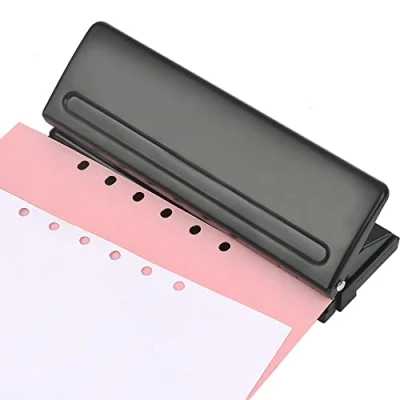 Afbeelding van OTYMIOW Robuuste metalen perforator met 6 gaten, capaciteit voor 8 vellen, verstelbare A4, A5, A6, B7, zwart