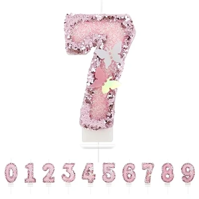 Afbeelding van Partyhausy Verjaardagskaarsen nummer 7,3D, roze, kaars 7, vlinderdecoratie, verjaardagstaart, topper, decoratie, voor kinderen, volwassenen