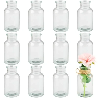 Afbeelding van Kleine vazen, 12 stuks glazen vazen voor tafeldecoratie, 10 hoge mini flesjes thuis, bruiloften, verjaardagen, feesten