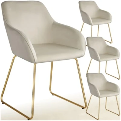 Afbeelding van tectake® Eetkamerstoel Jeane Set van 4 Eetkamerstoelen met doorlopende rugleuning en armleuning Kuipstoelen fluwelen bekleding Stijlvolle keukenstoelen voor eetkamer of woonkamer Slipvrije vloerbeschermende voetjes Crème/goud
