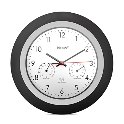 Afbeelding van MEBUS Wandklok met thermometer en hygrometer/zwart frame/wit wijzerplaat/29 cm diameter/rond/model: 19449 / kleur: zwart, wit