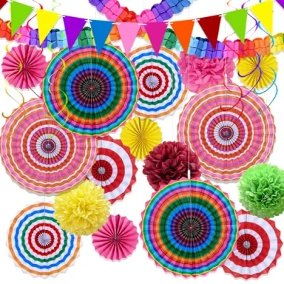 Afbeelding van YBwanli Kleurrijke feestdecoratie, verjaardagsdecoratie, carnavalsdecoratie, hangende papieren waaiers, pompons, slingers met vlaggeffecten: mode, economie, diverse feestscène