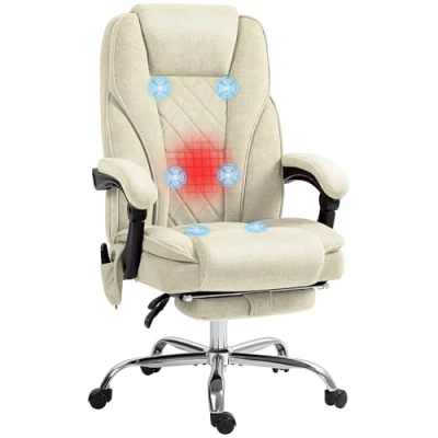 Afbeelding van Vinsetto Massage en verwarmde bureaustoel, ergonomische stoel met verstelbare hoogte, kantelbare rugleuning, bekabeld, voetensteun, 360 graden draaibaar, beige