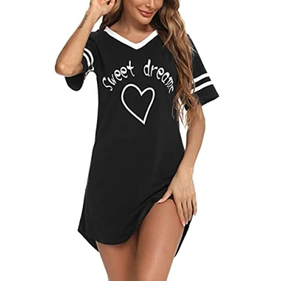 Afbeelding van Nachtkleding voor dames, nachthemd, katoen, nachtkleding, comfortabel, korte mouwen, pyjama, nachtjurk, loungewear, Zwart, L