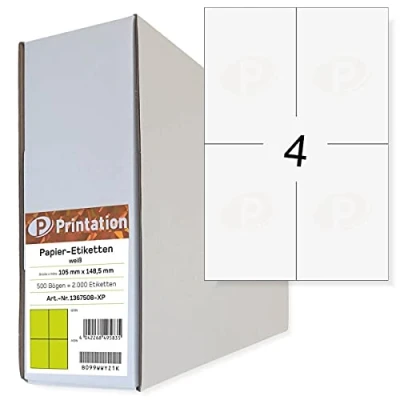 Afbeelding van Printation Zelfklevende etiketten 105 x 148 mm 500 vellen A4 Bigpack / 4 witte bedrukbare per vel 2 DIN A6 2000 verzendetiketten