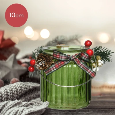 Afbeelding van Groene glazen waxinelichthouder met ribbels en versiering Ø8 x 10 cm kerstdecoratie kerst luxe theelichthouder voor kaarsjes