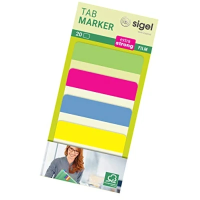 Afbeelding van SIGEL Hn204 Bladwijzers &quot;Tab Marker&quot; van transparante folie, 20 vellen 3,8 x 5 cm, 4 kleuren