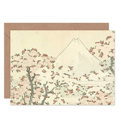 Afbeelding van Hokusai wenskaart, motief: Japans schilderij Fuji en kersenbloesem, met omslag binnen blanco