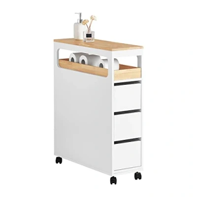 Afbeelding van SoBuy BZR54 W Opbergkast voor badkamer, smal op wielen, toiletpapierhouder, compacte toiletkast, multifunctionele opslag met 1 afneembaar dienblad en 3 laden, 65 x 23 82 cm,
