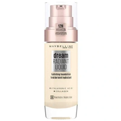 Image de Maybelline Foundation Fond de Teint Hydratant Liquide Dream Radiant avec Acide Hyaluronique et Collagène Couverture Légère Moyenne jusqu&#039;à 12 Heures d&#039;hydratation, 03 True Ivory