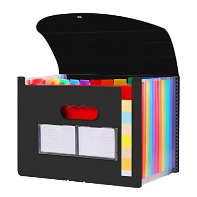 Afbeelding van Diboniur Documentenhouder voor kantoor, administratieve papieropslag, map met 12 vakken, uittrekbaar, A4, documentenmap deksel, archiefmappen, accordeon organizer (zwart)