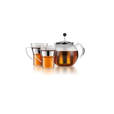 Afbeelding van Bodum K1801 16CAR ASSAM SET theepot met deksel en filter van roestvrij staal, 1,0 l, 2 glazen bekers 0,35 l