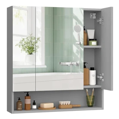 Afbeelding van VASAGLE BBK129G01 Badkamerkast met spiegel, wandkast, spiegelkast, open vak, verstelbare planken, 16,5 x 70 75 cm, duifgrijs
