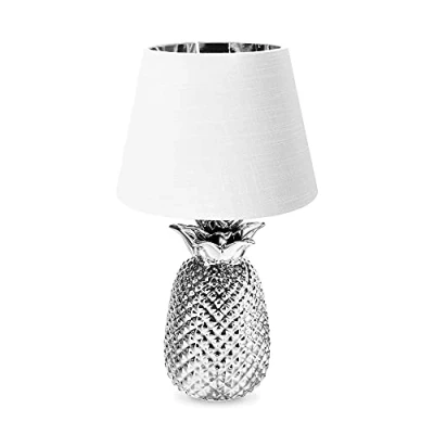 Afbeelding van Navaris tafellamp in ananas design Ananaslamp 40 cm hoog Decoratieve lamp van keramiek Pineapple E27 fitting Zilver/Wit