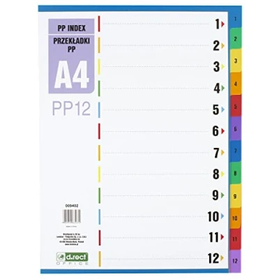 Afbeelding van D.RECT Register voor A4, PP12, 12 tabbladen, ringtabbladen, tabbladen met cijfers bedrukt van 1 tot 12, meerkleurig, kleurverdelers polypropyleen