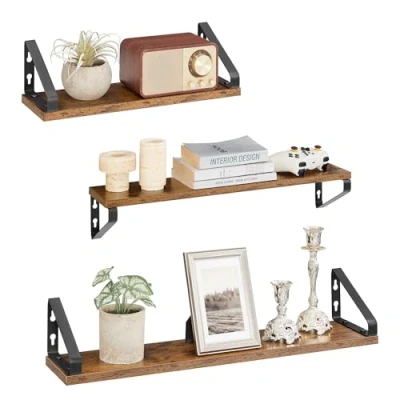 Afbeelding van VASAGLE Étagère Murale, Tablette Flottante, Lot de 3, 2 Façons Montage, Rangement Suspendue, pour Salon, Cuisine, Bureau, Salle Bain, Marron Rustique et Noir Mat LWS043K01