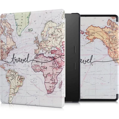 Afbeelding van kwmobile hoes geschikt voor Amazon Kindle Oasis 10. Generation Magnetische sluiting E reader cover in zwart / meerkleurig Travel Wereldkaart design