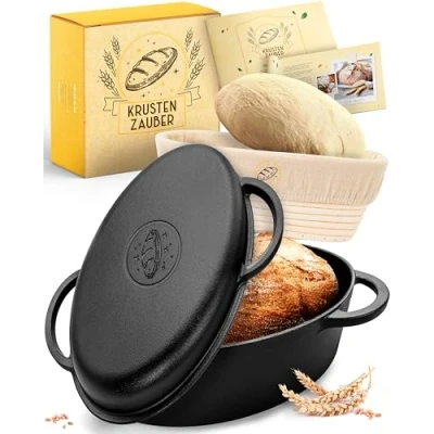 Afbeelding van KRUSTENZAUBER 34 cm gietijzeren pot brood bakken inclusief rijsmand Robuuste broodbakvorm rond met deksel voor in de oven Ideale broodvorm, broodbakpan, bakvorm bakken, broodbakaccessoires, broodvorm