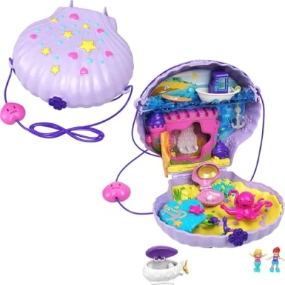 Afbeelding van Polly Pocket De betoverde schelp handtas set met minifiguren en Lila, accessoires stickers, kinderspeelgoed, editie 2020, GNH11, meerkleurig