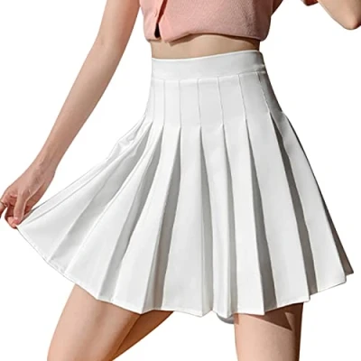 Afbeelding van DRESHOW Retro basic rok, elastisch, uitlopend, minirok, plooirok, casual, voor dames en meisjes, Geplooide mini rok 04 wit