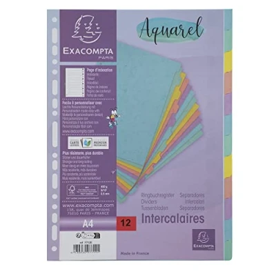 Image de Exacompta Réf. 7712E Intercalaires Aquarel en carte lustrée 400g/m2 12 onglets neutres format à classer A4 page d&#039;indexation fournie certifié FSC couleurs assorties