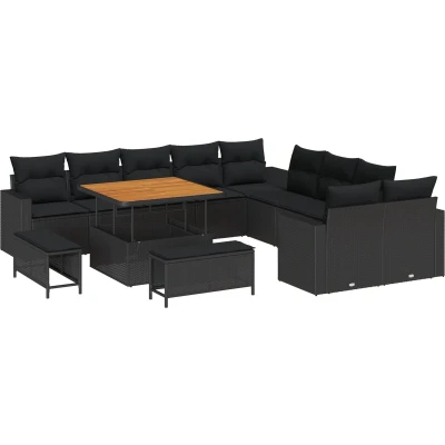 Afbeelding van vidaXL 13 delige tuinsofa set met kussens zwart poly rattan acacia, 3 tuin eetset acacia