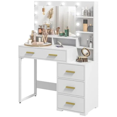 Afbeelding van HOMCOM make uptafel met spiegel en 9 ledlampen, in moderne stijl, 4 laden 6 open vakken, kaptafel voor slaapkamer, woonkamer, 100 x 40 138 cm, wit