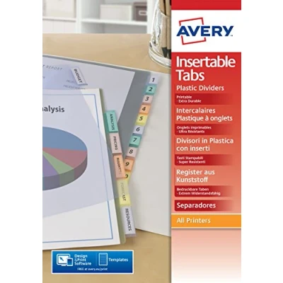 Afbeelding van AVERY Register met tabbladen, personaliseerbaar, bedrukbaar, 8 toetsen, DIN A4, van transparant gekleurd polypropyleen